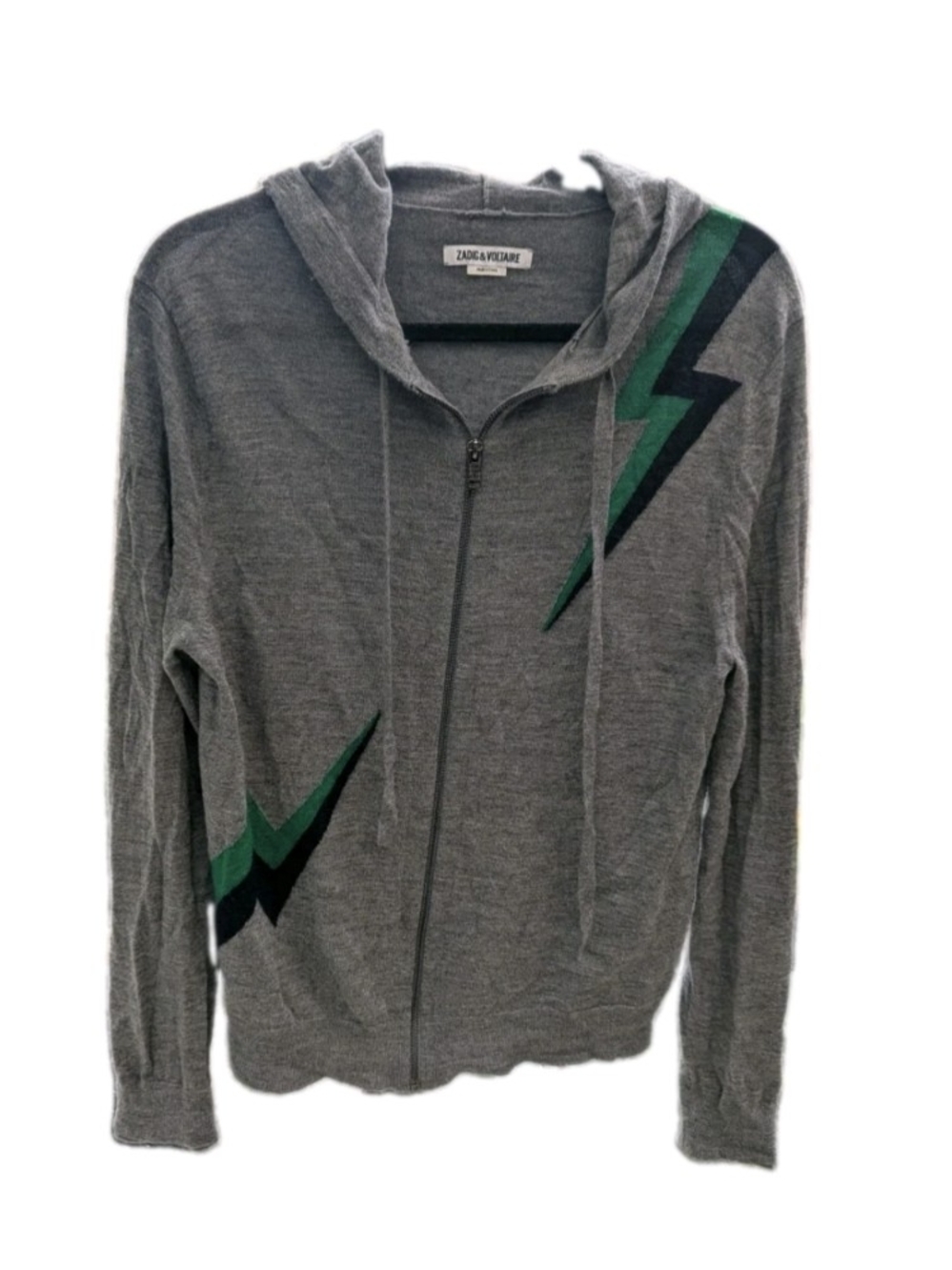 Zadig & Voltaire Gray Zip Hoodie Sweater with Green Accent